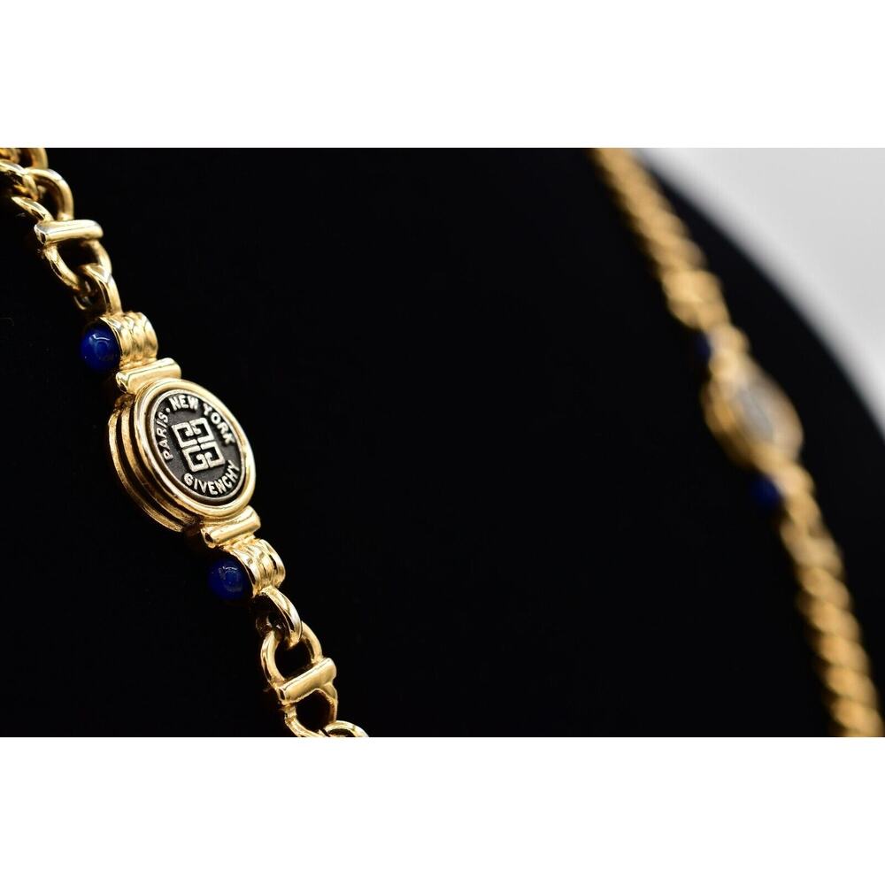Givenchy Vintage Logo Coin Necklace Blue Cabochon Gold Station Chain 1980s BinBJ - Picture 5 of 12